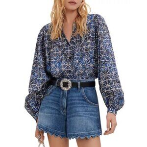 Maje women's large blue black cotik printed cotton blouse long sleeve button up